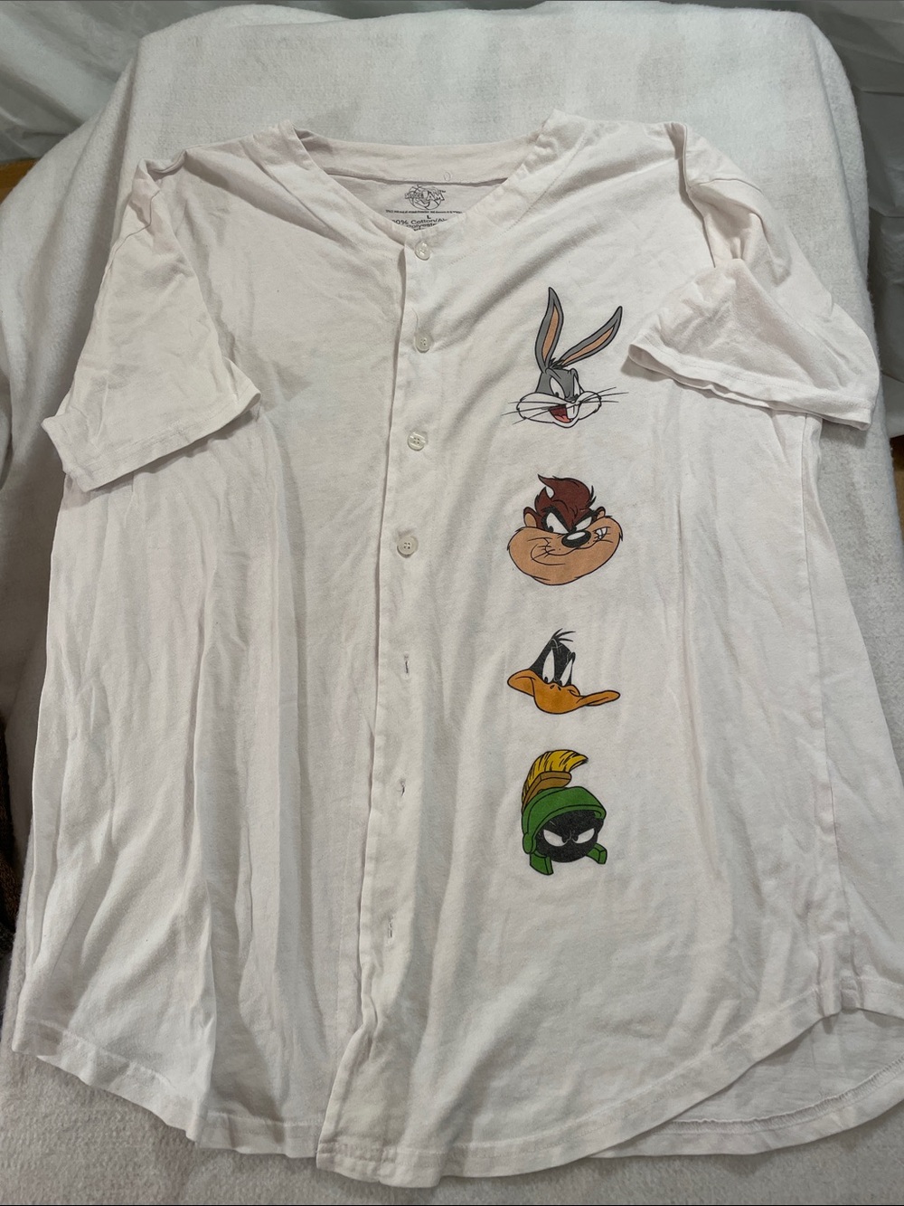 White Vintage Button-Down Top with Looney Tunes Character Prints